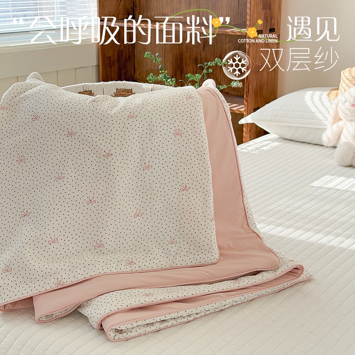 大彩家居 2026新款全棉双层纱凉感夏被 法式蝴蝶结