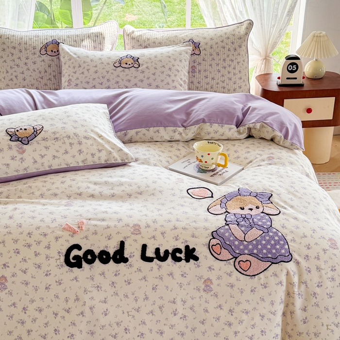 91家纺网 家纺一手货源 找家纺 恋佳居 2026新款毛巾绣古法棉单品床笠床笠单件 迷雾紫兔