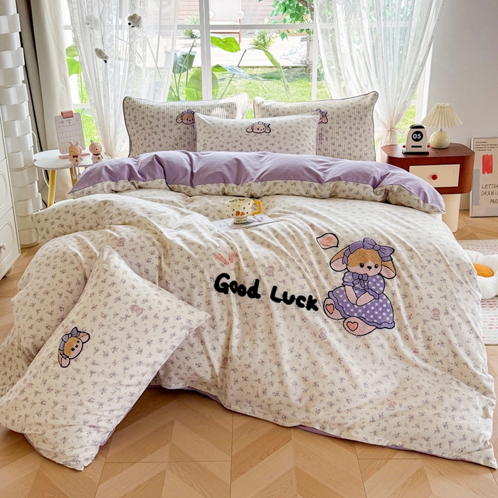 91家纺网 家纺一手货源 找家纺 恋佳居 2026新款毛巾绣古法棉单品床笠床笠单件 迷雾紫兔