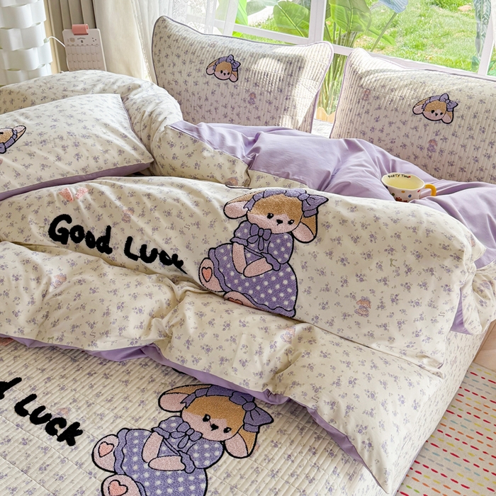 91家纺网 家纺一手货源 找家纺 恋佳居 2026新款毛巾绣古法棉单品床笠床笠单件 迷雾紫兔