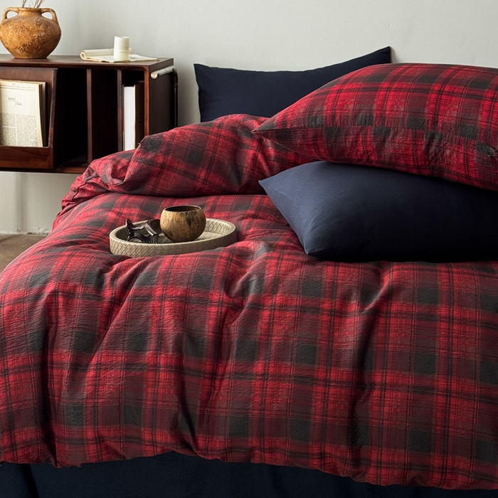 91家纺网 家纺一手货源 找家纺 豪美鑫 2026新款经典格纹四件套 苏格兰系列 苏格兰-红