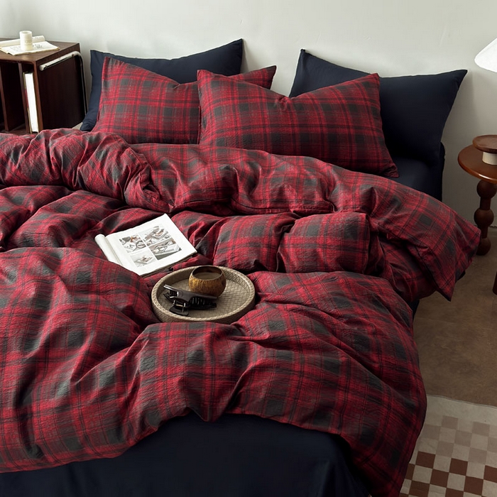 91家纺网 家纺一手货源 找家纺 豪美鑫 2026新款经典格纹四件套 苏格兰系列 苏格兰-红