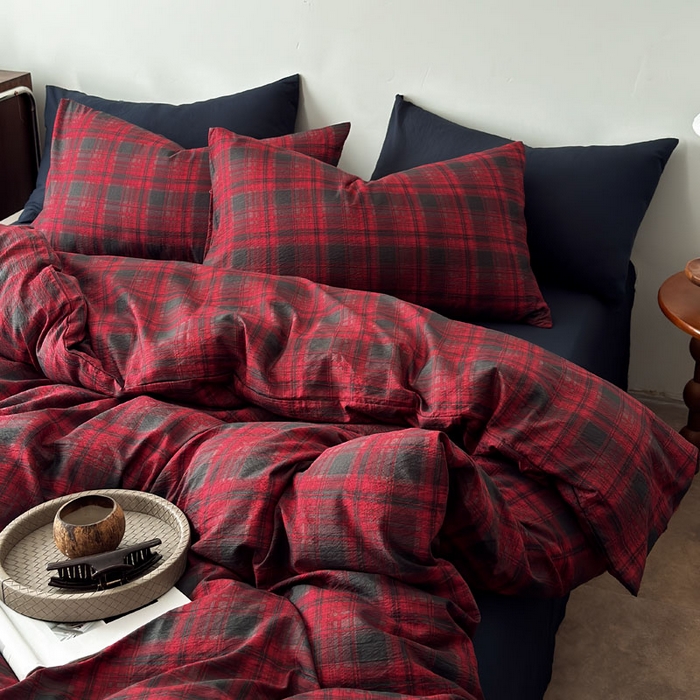 91家纺网 家纺一手货源 找家纺 豪美鑫 2026新款经典格纹四件套 苏格兰系列 苏格兰-红