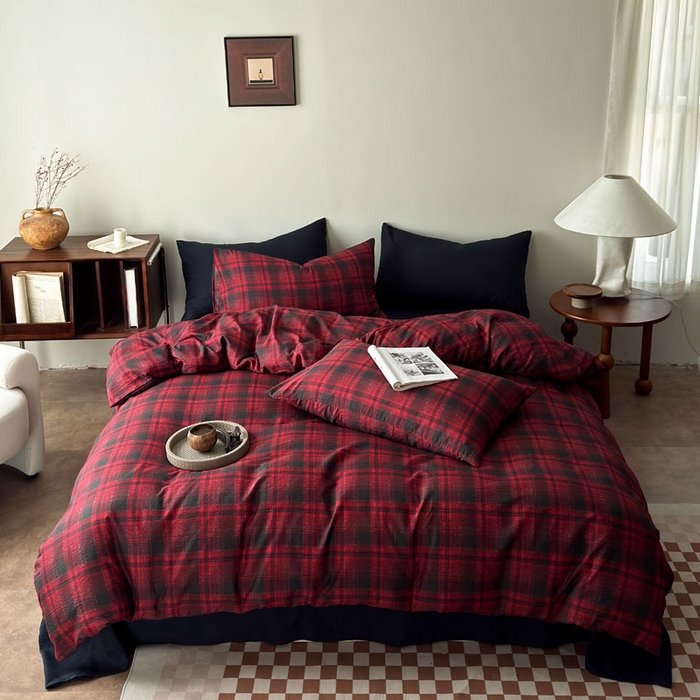 91家纺网 家纺一手货源 找家纺 豪美鑫 2026新款经典格纹四件套 苏格兰系列 苏格兰-红