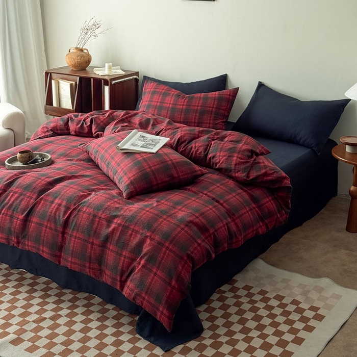 91家纺网 家纺一手货源 找家纺 豪美鑫 2026新款经典格纹四件套 苏格兰系列 苏格兰-红