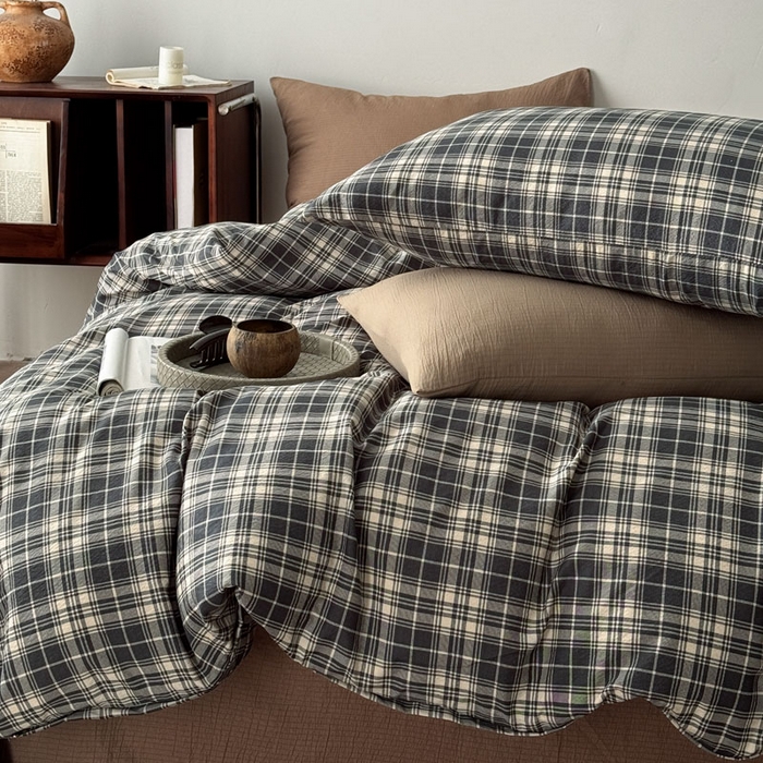 91家纺网 家纺一手货源 找家纺 豪美鑫 2026新款经典格纹四件套 苏格兰系列 苏格兰-灰