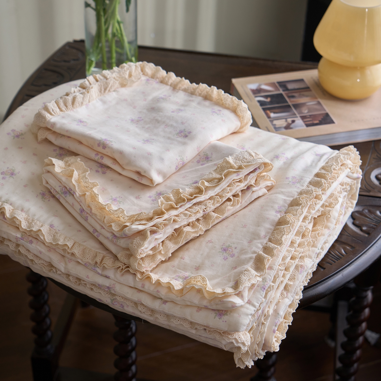 洋铭区（原狠狠爱） 2026新款双层纱皱皱花边夏被夏凉被空调被三件套 酱紫花