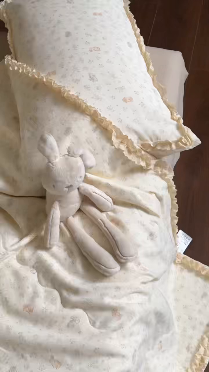 91家纺网 家纺一手货源 找家纺 洋铭区（原狠狠爱） 2026新款双层纱皱皱花边夏被夏凉被空调被三件套 麦穗小兔