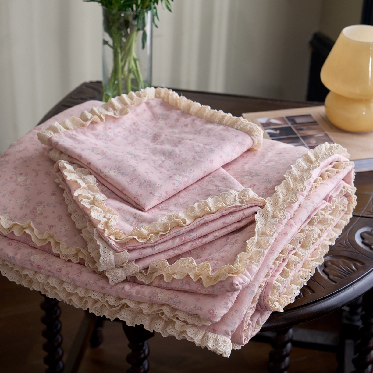 洋铭区（原狠狠爱） 2026新款双层纱皱皱花边夏被夏凉被空调被三件套 秋田粉花