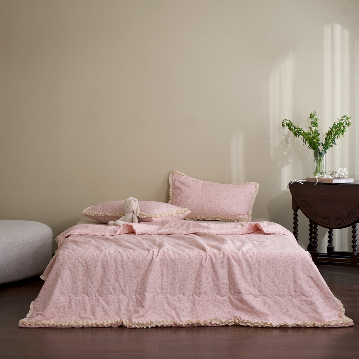 91家纺网 家纺一手货源 找家纺 洋铭区（原狠狠爱） 2026新款双层纱皱皱花边夏被夏凉被空调被三件套 秋田粉花