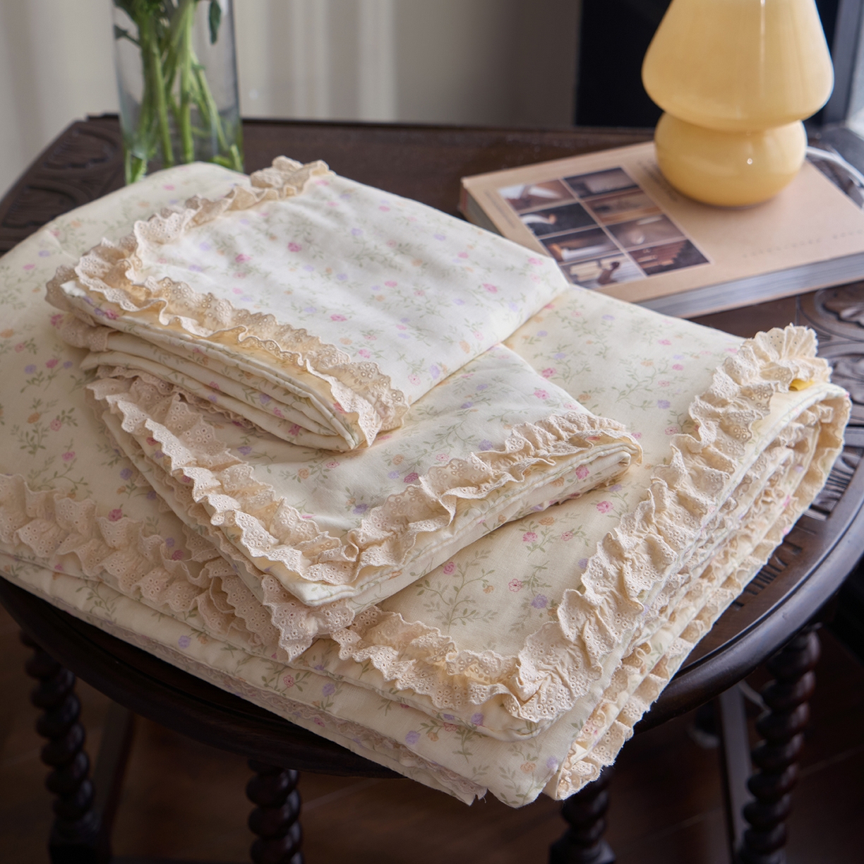 洋铭区（原狠狠爱） 2026新款双层纱皱皱花边夏被夏凉被空调被三件套 唯美小花