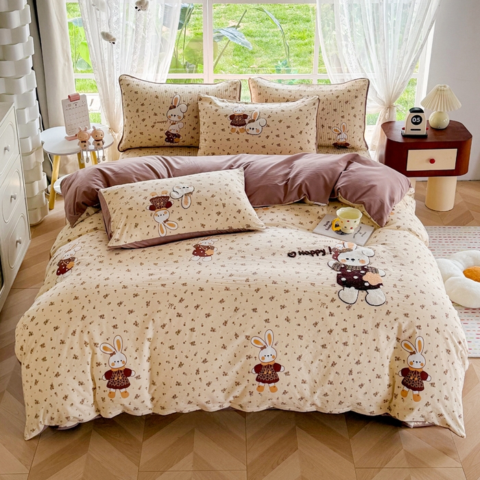 91家纺网 家纺一手货源 找家纺 恋佳居 2026新款毛巾绣古法棉床笠床盖四件套 花兔小叙