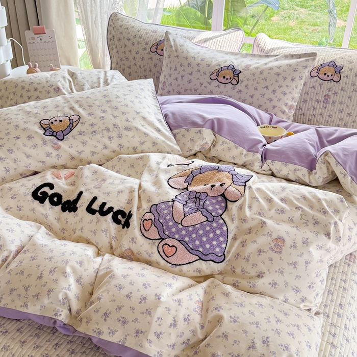 91家纺网 家纺一手货源 找家纺 恋佳居 2026新款毛巾绣古法棉床笠床盖四件套 迷雾紫兔