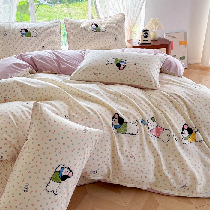 91家纺网 家纺一手货源 找家纺 恋佳居 2026新款毛巾绣古法棉床笠床盖四件套 软萌时光