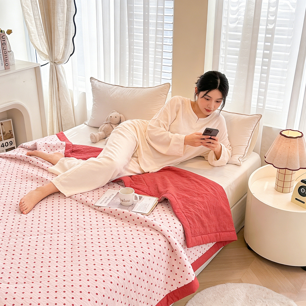 91家纺网 家纺一手货源 找家纺 魅图家纺 2026新款泡芙纱新疆棉花夏被 粉雾星点