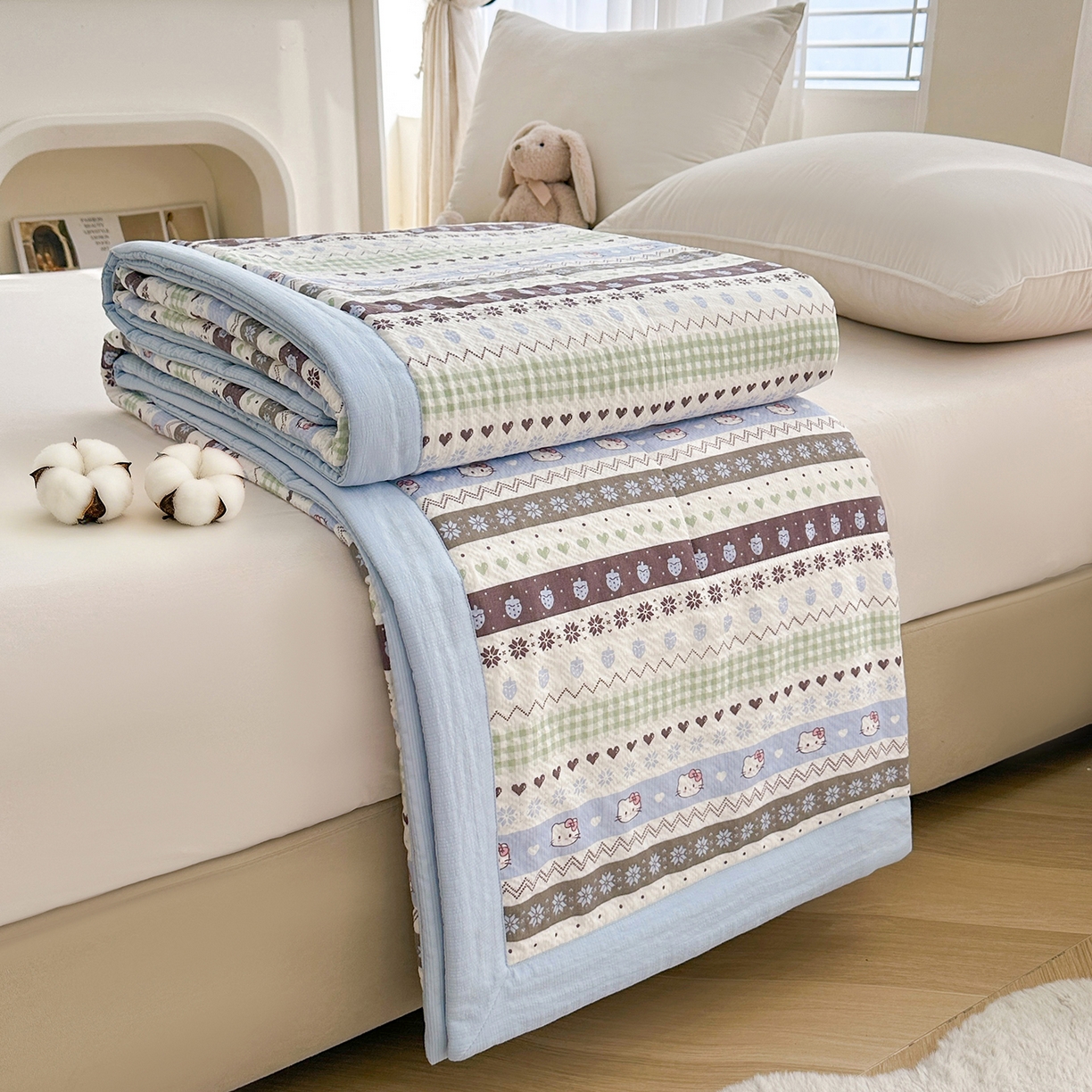 91家纺网 家纺一手货源 找家纺 魅图家纺 2026新款泡芙纱新疆棉花夏被 猫咪集-蓝