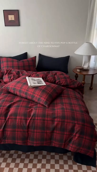 91家纺网 家纺一手货源 找家纺 豪美鑫 2026新款经典格纹四件套 苏格兰系列 苏格兰-红
