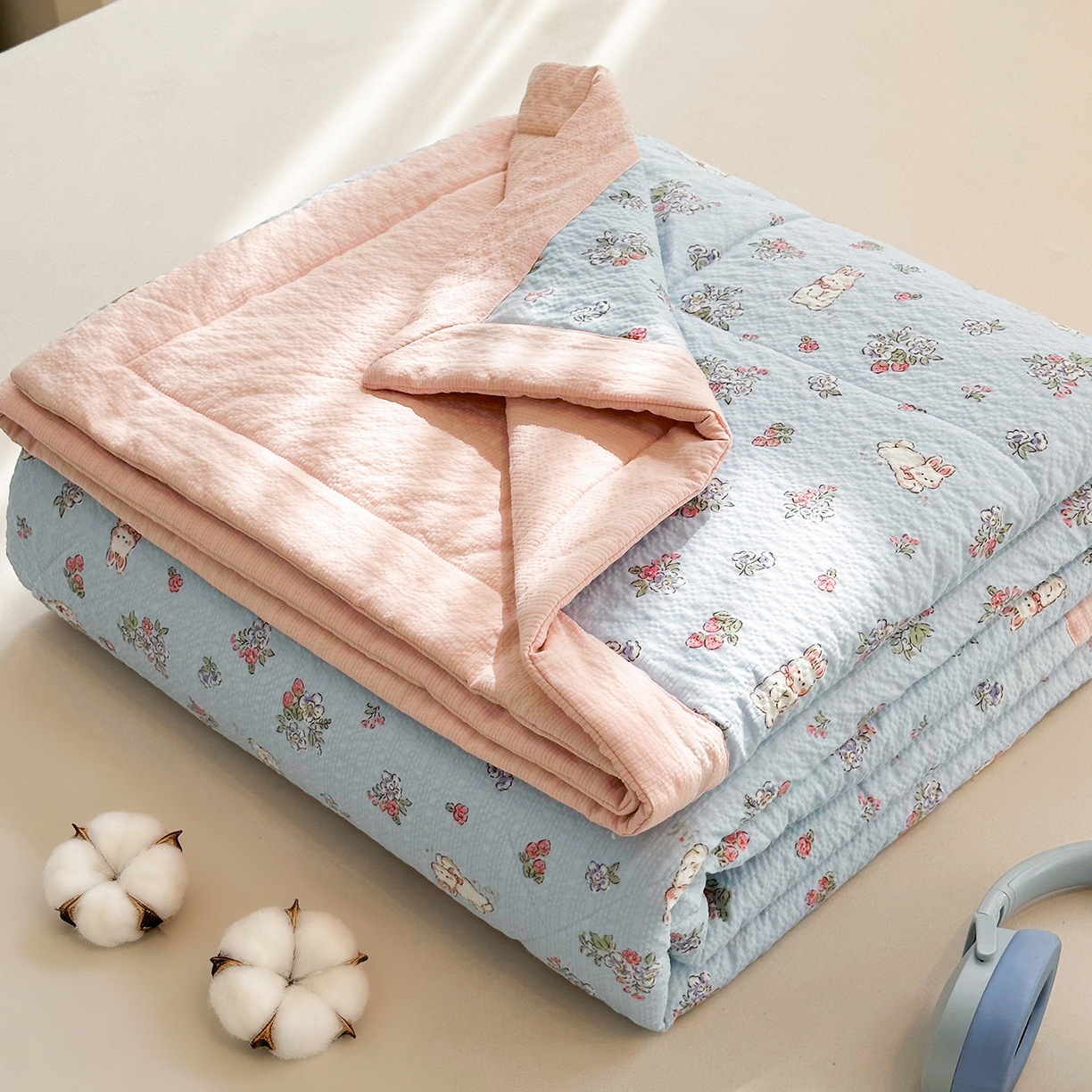 91家纺网 家纺一手货源 找家纺 魅图家纺 2026新款泡芙纱新疆棉花夏被 萌兔岛屿