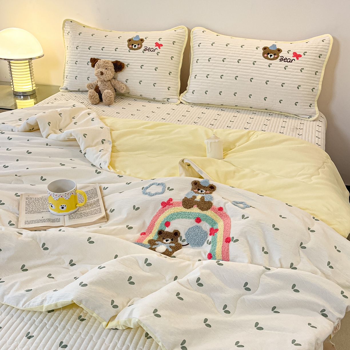 91家纺网 家纺一手货源 找家纺 老帅的工厂店 2026新款云感双层纱毛巾绣床盖单品床盖床盖单件 小熊彩虹派对