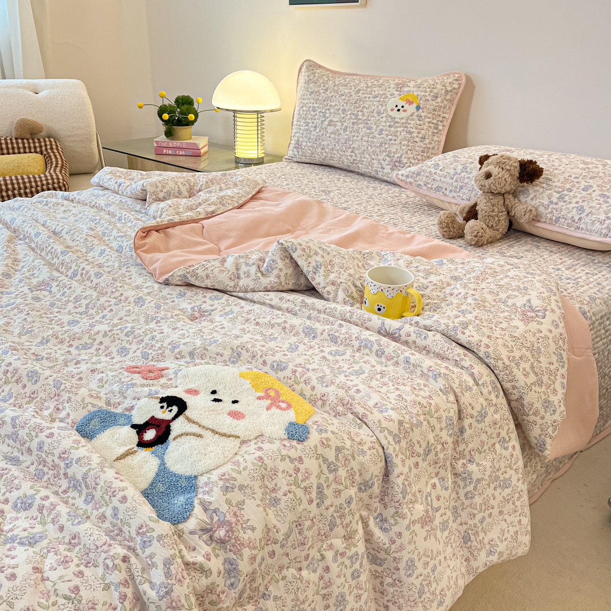 91家纺网 家纺一手货源 找家纺 老帅的工厂店 2026新款云感双层纱毛巾绣床盖单品床盖床盖单件 小熊酱