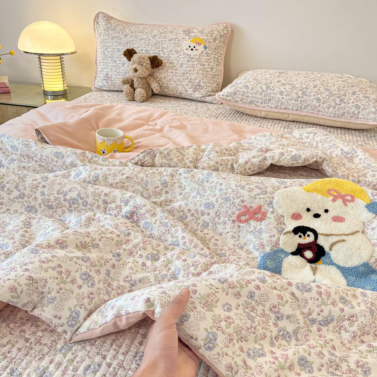 91家纺网 家纺一手货源 找家纺 老帅的工厂店 2026新款云感双层纱毛巾绣床盖单品床盖床盖单件 小熊酱