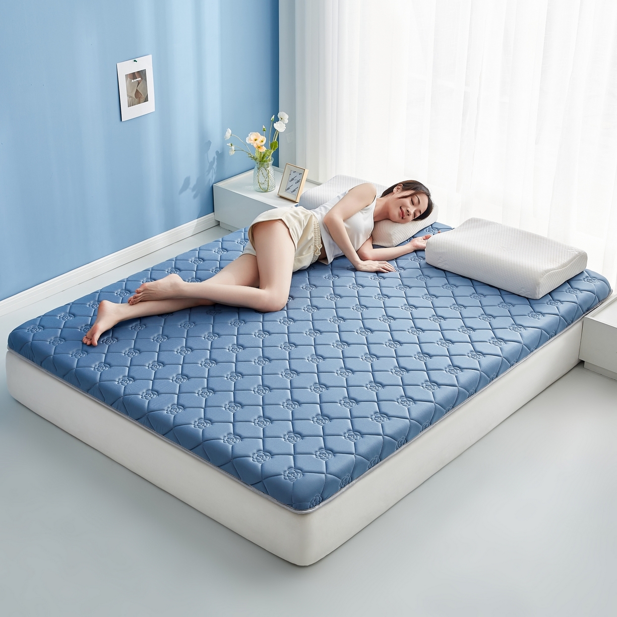 91家纺网 家纺一手货源 找家纺 优莱床垫 2026新款乳胶抗压棉玫瑰单边床垫 玫瑰蓝单边