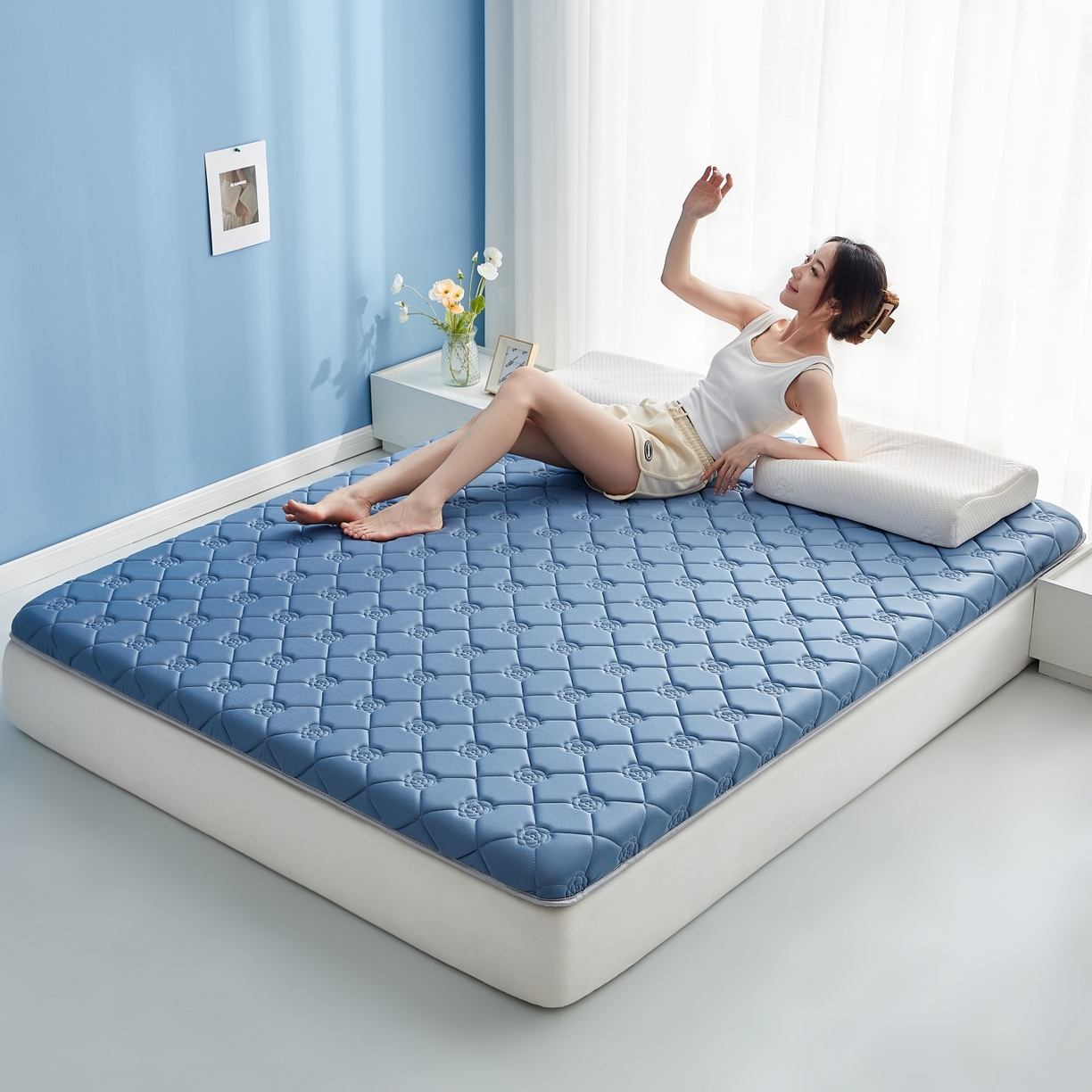 91家纺网 家纺一手货源 找家纺 优莱床垫 2026新款乳胶抗压棉玫瑰单边床垫 玫瑰蓝单边