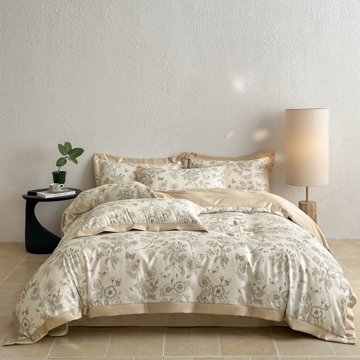 91家纺网 家纺一手货源 找家纺 金牛座家纺 2026新款高克重细斜纹丝柔质感亲肤数码印花宽边四件套-秘境系列 秘境-香槟