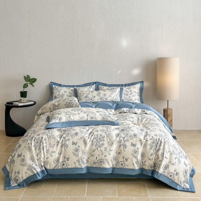 91家纺网 家纺一手货源 找家纺 金牛座家纺 2026新款高克重细斜纹丝柔质感亲肤数码印花宽边四件套-秘境系列 秘境-精致蓝