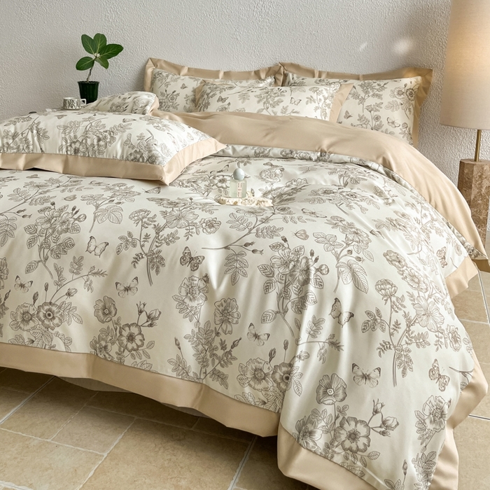 91家纺网 家纺一手货源 找家纺 金牛座家纺 2026新款高克重细斜纹丝柔质感亲肤数码印花宽边四件套-秘境系列 秘境-香槟