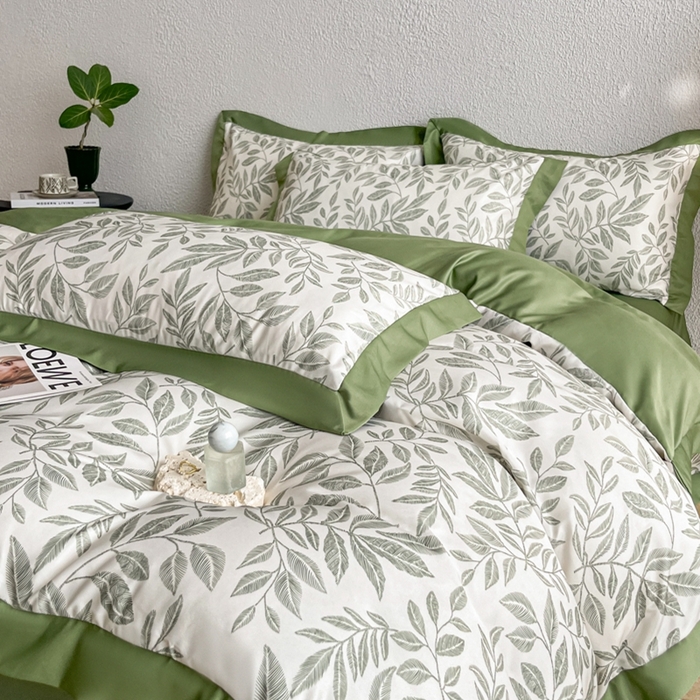 91家纺网 家纺一手货源 找家纺 金牛座家纺 2026新款高克重细斜纹丝柔质感亲肤数码印花宽边四件套-叶舞系列 叶舞-橄榄绿
