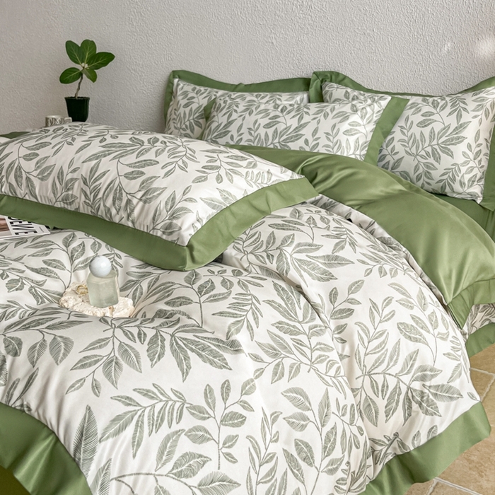 91家纺网 家纺一手货源 找家纺 金牛座家纺 2026新款高克重细斜纹丝柔质感亲肤数码印花宽边四件套-叶舞系列 叶舞-橄榄绿