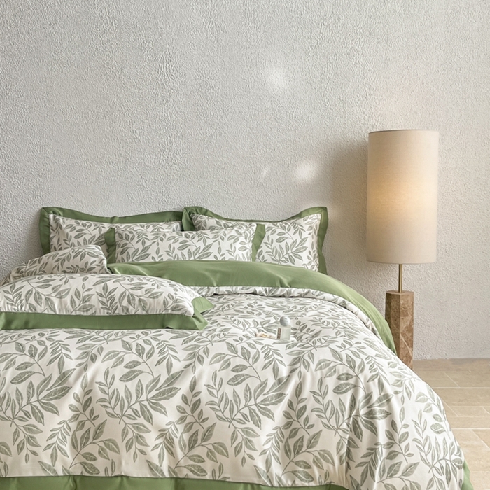 91家纺网 家纺一手货源 找家纺 金牛座家纺 2026新款高克重细斜纹丝柔质感亲肤数码印花宽边四件套-叶舞系列 叶舞-橄榄绿