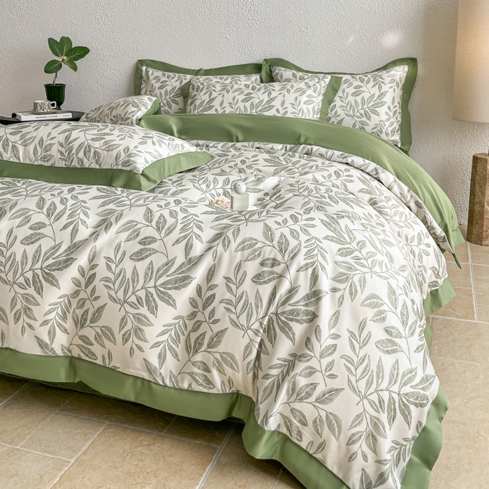 金牛座家纺 2026新款高克重细斜纹丝柔质感亲肤数码印花宽边四件套-叶舞系列 叶舞-橄榄绿