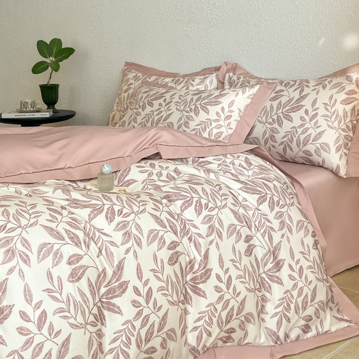 91家纺网 家纺一手货源 找家纺 金牛座家纺 2026新款高克重细斜纹丝柔质感亲肤数码印花宽边四件套-叶舞系列 叶舞-浅豆沙