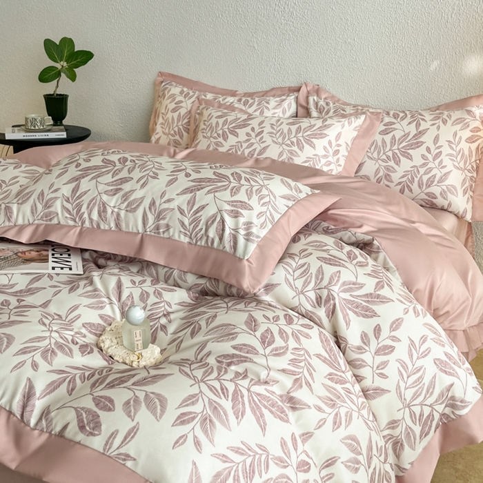 91家纺网 家纺一手货源 找家纺 金牛座家纺 2026新款高克重细斜纹丝柔质感亲肤数码印花宽边四件套-叶舞系列 叶舞-浅豆沙