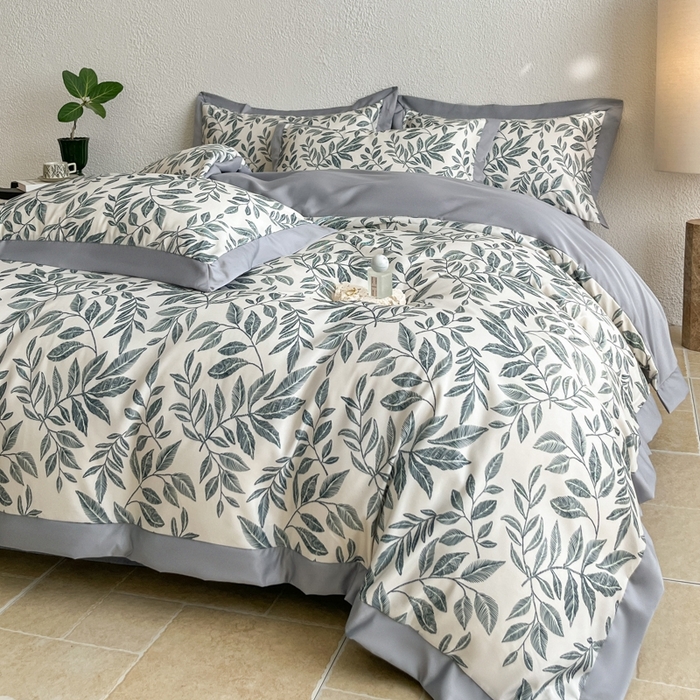 金牛座家纺 2026新款高克重细斜纹丝柔质感亲肤数码印花宽边四件套-叶舞系列 叶舞-灰