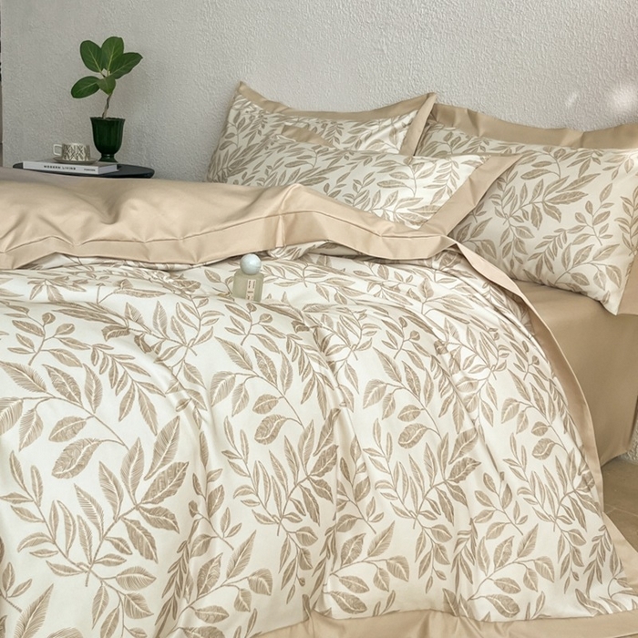 91家纺网 家纺一手货源 找家纺 （总）金牛座家纺 2026新款高克重细斜纹丝柔质感亲肤数码印花宽边四件套-叶舞系列