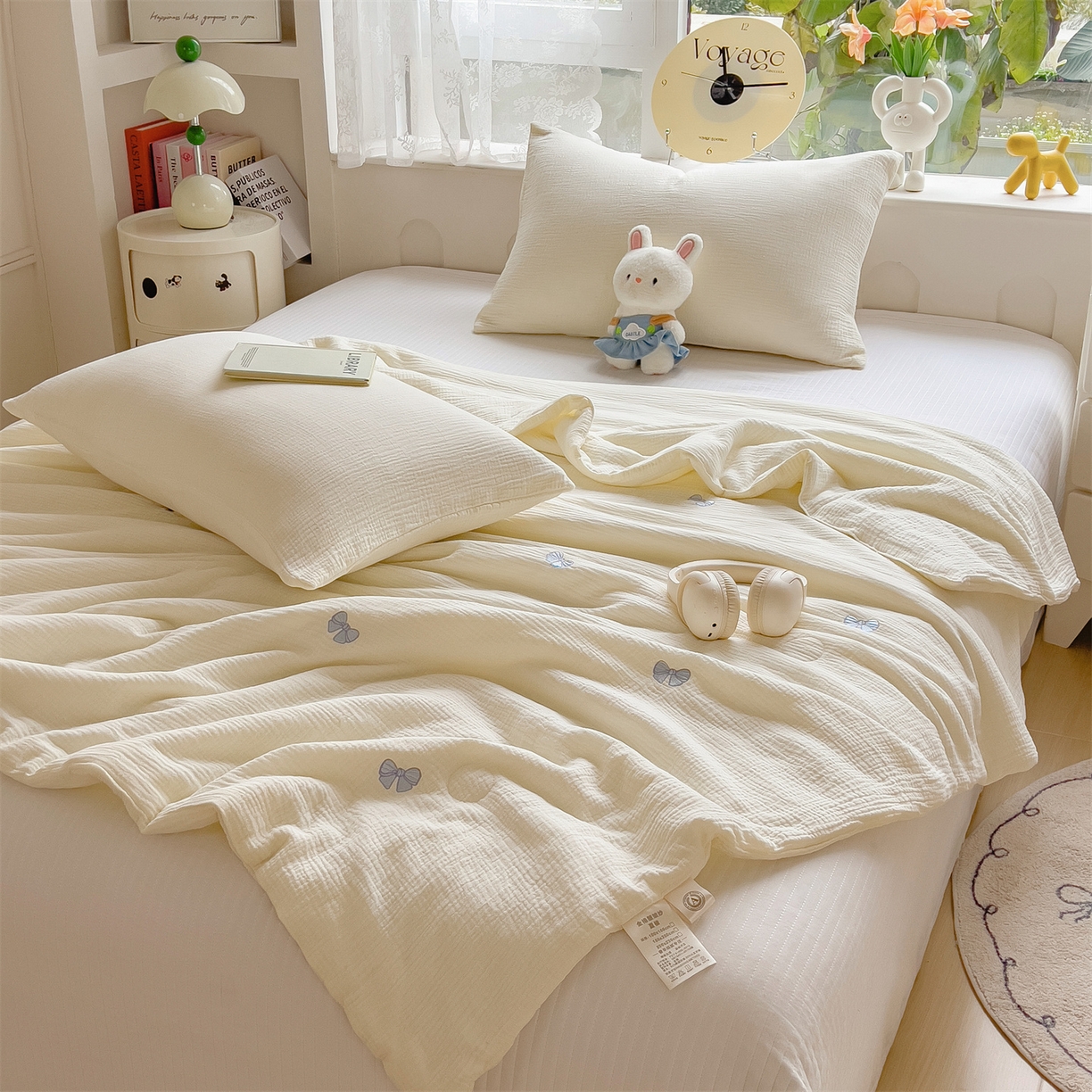 91家纺网 家纺一手货源 找家纺 布凡家居 2026春夏新款全棉刺绣皱皱纱夏被夏凉被空调被 蓝色蝴蝶结