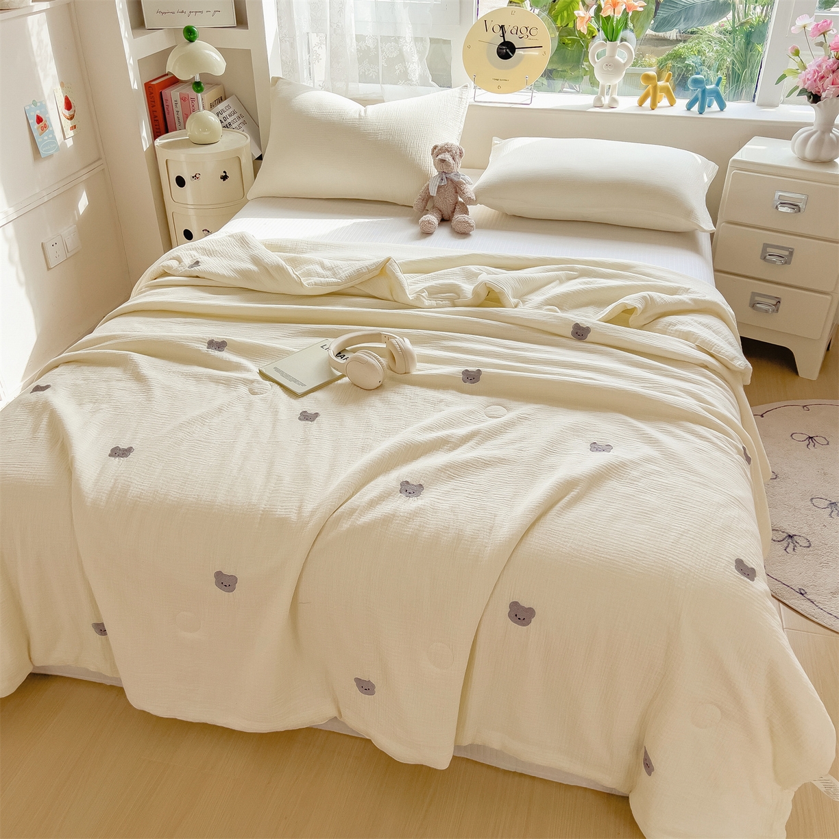 91家纺网 家纺一手货源 找家纺 布凡家居 2026春夏新款全棉刺绣皱皱纱夏被夏凉被空调被 萌萌小熊