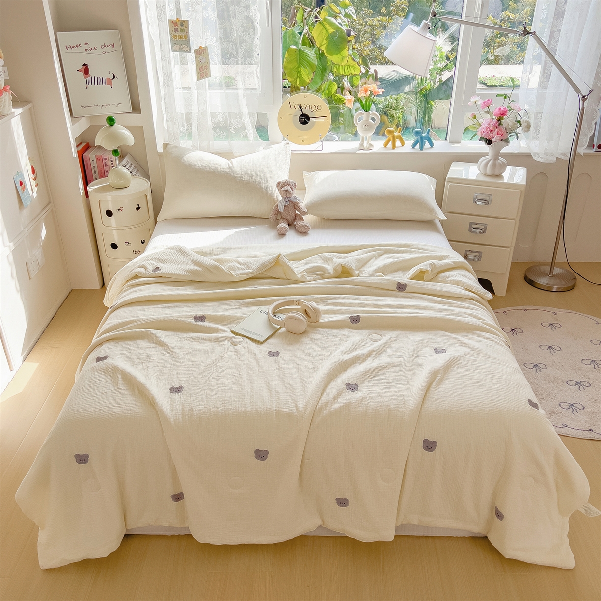 91家纺网 家纺一手货源 找家纺 布凡家居 2026春夏新款全棉刺绣皱皱纱夏被夏凉被空调被 萌萌小熊