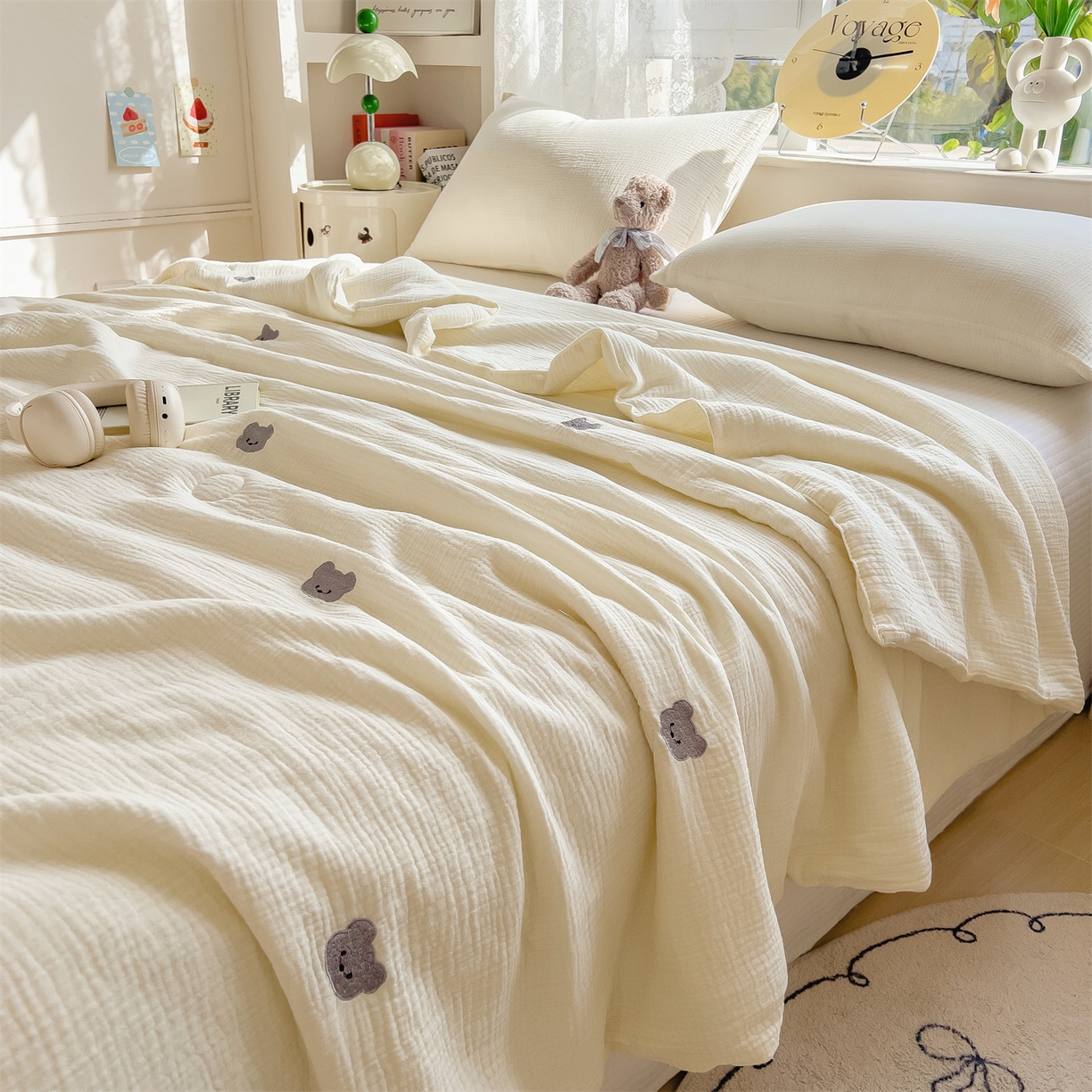 91家纺网 家纺一手货源 找家纺 布凡家居 2026春夏新款全棉刺绣皱皱纱夏被夏凉被空调被 萌萌小熊