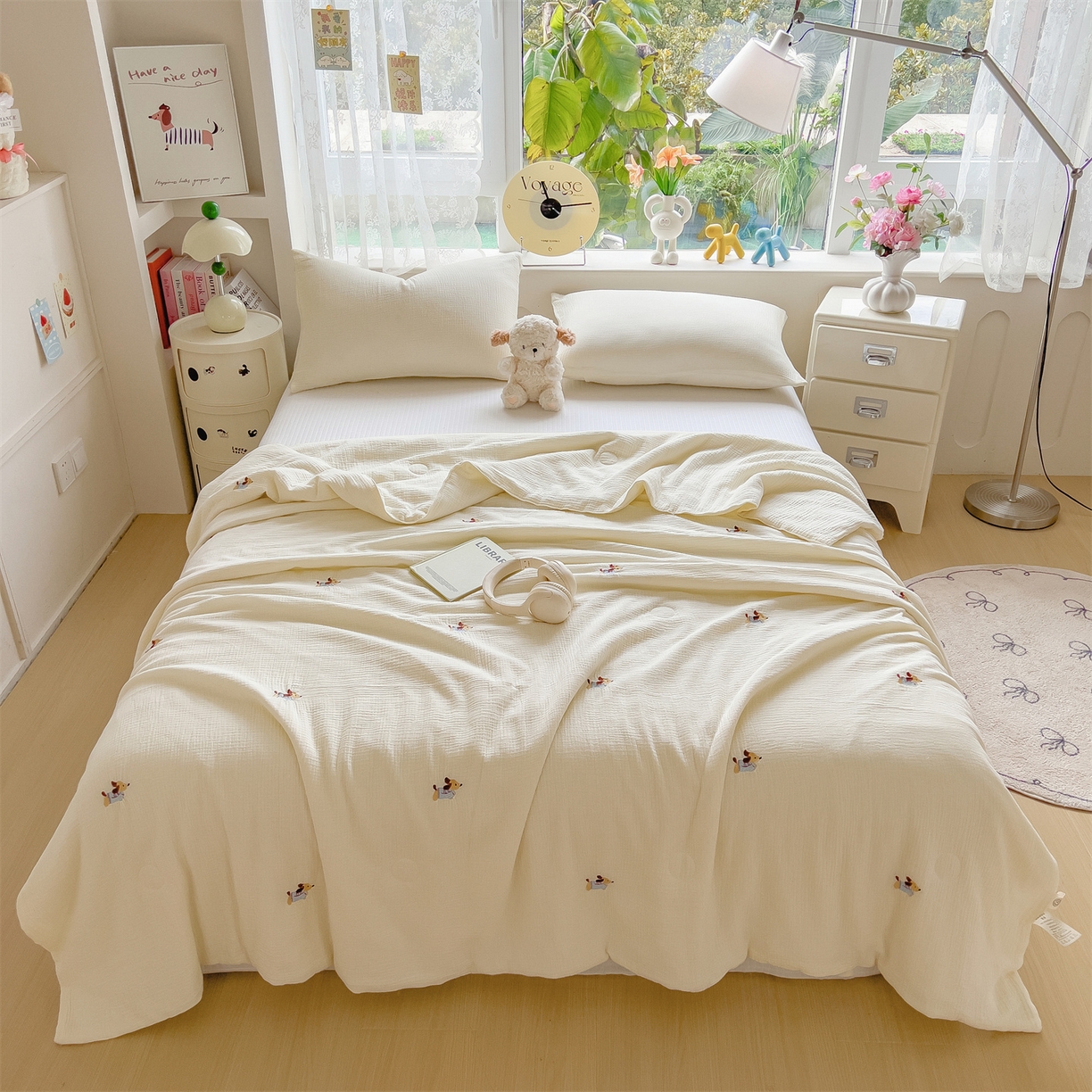 91家纺网 家纺一手货源 找家纺 布凡家居 2026春夏新款全棉刺绣皱皱纱夏被夏凉被空调被 奶芙小腊肠