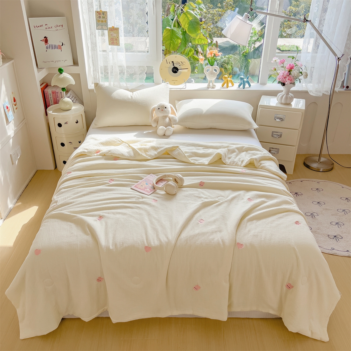 91家纺网 家纺一手货源 找家纺 布凡家居 2026春夏新款全棉刺绣皱皱纱夏被夏凉被空调被 桃心兔