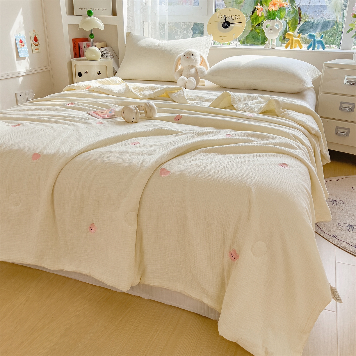 91家纺网 家纺一手货源 找家纺 布凡家居 2026春夏新款全棉刺绣皱皱纱夏被夏凉被空调被 桃心兔