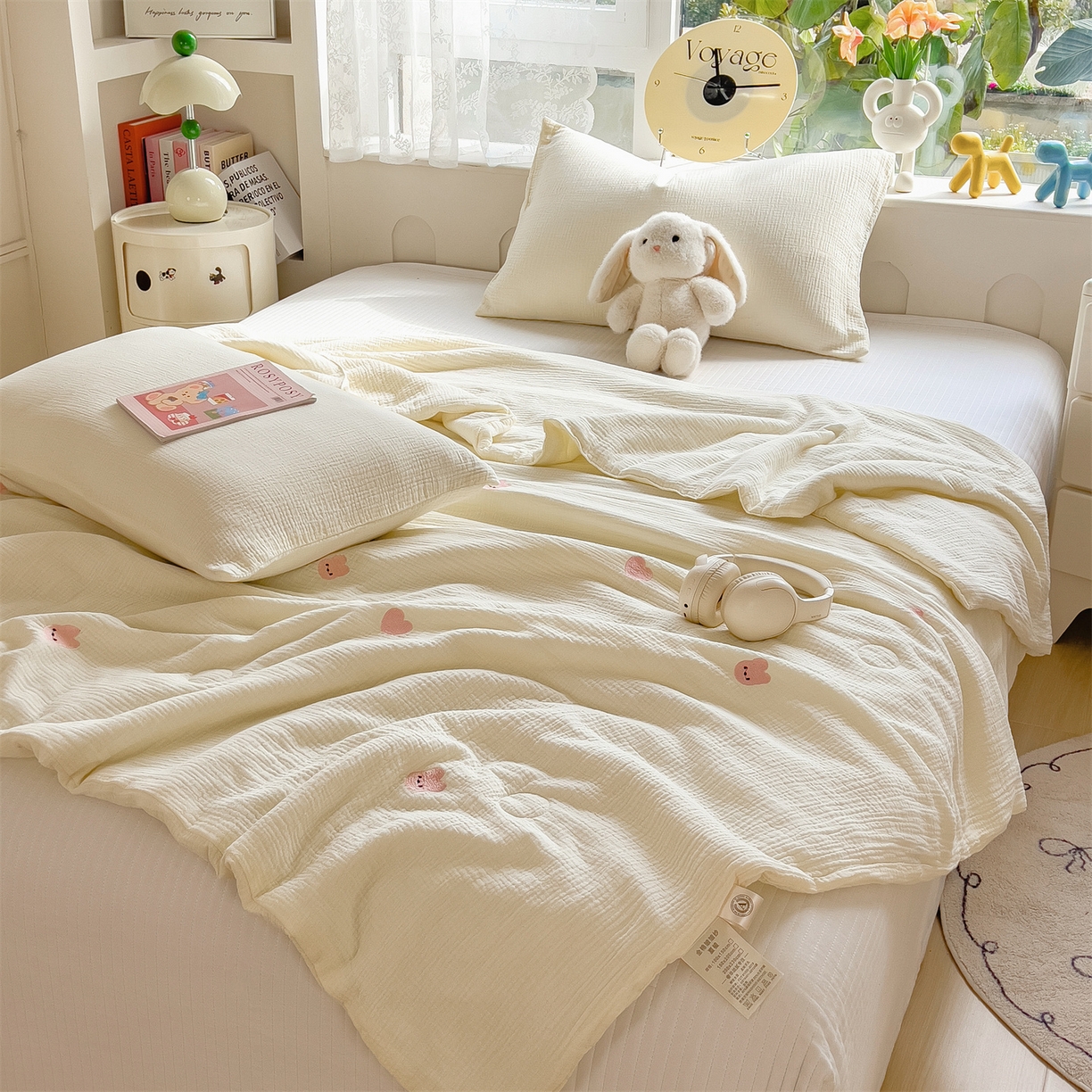 91家纺网 家纺一手货源 找家纺 布凡家居 2026春夏新款全棉刺绣皱皱纱夏被夏凉被空调被 桃心兔