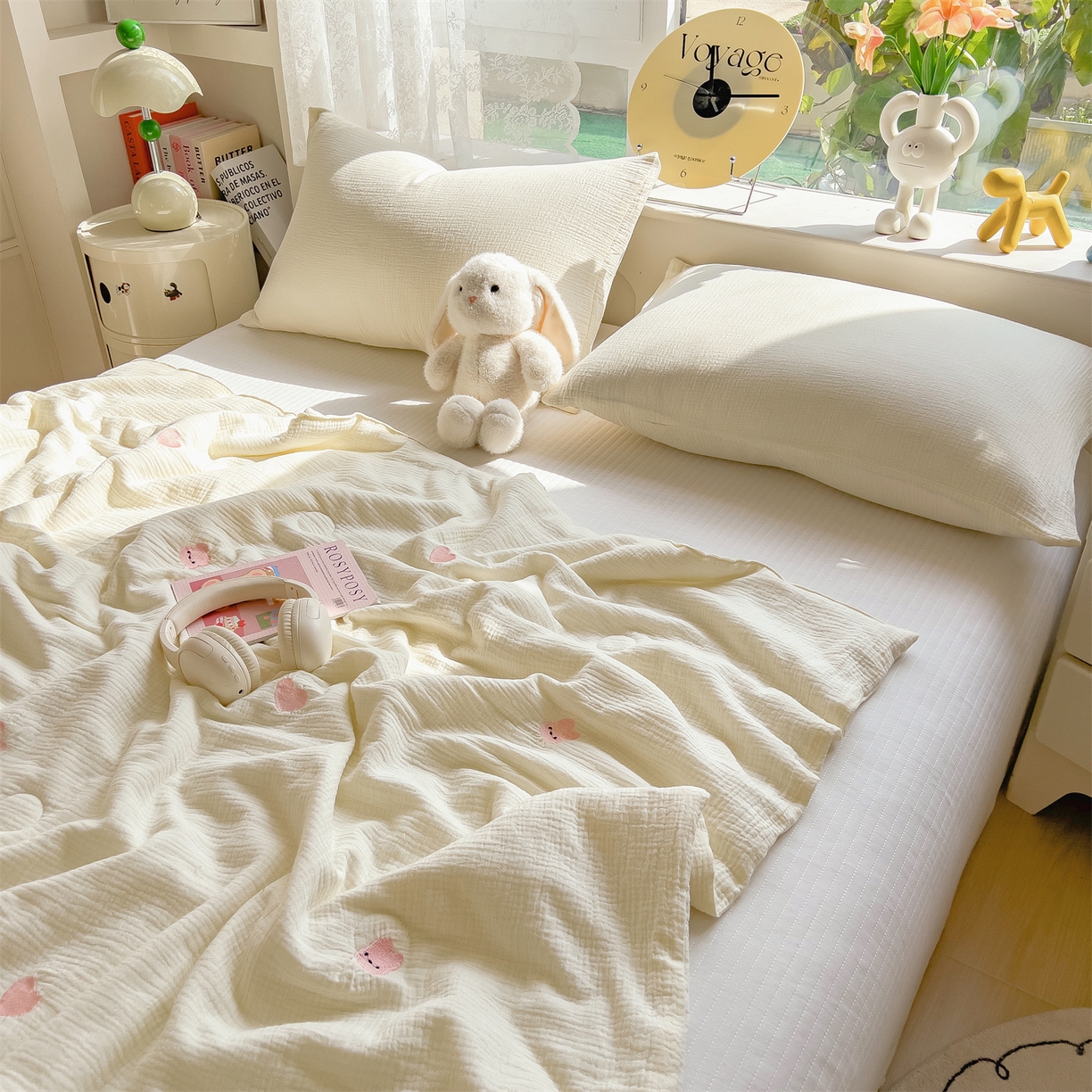 91家纺网 家纺一手货源 找家纺 布凡家居 2026春夏新款全棉刺绣皱皱纱夏被夏凉被空调被 桃心兔