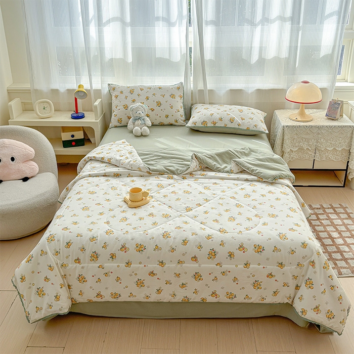 91家纺网 家纺一手货源 找家纺 初念 2026新款云感双层纱抗菌花边夏被夏凉被空调被-系列二（好温柔的夏被~） 晴风-甜橙花事