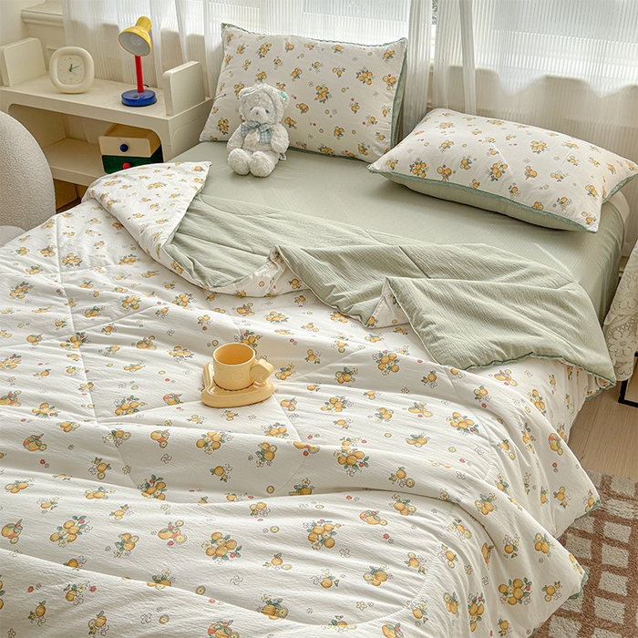 91家纺网 家纺一手货源 找家纺 初念 2026新款云感双层纱抗菌花边夏被夏凉被空调被-系列二（好温柔的夏被~） 晴风-甜橙花事