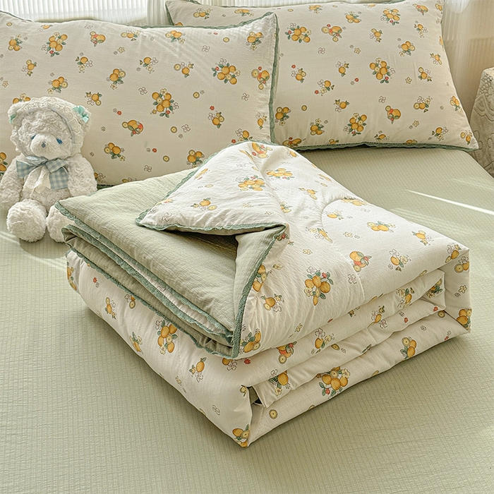 91家纺网 家纺一手货源 找家纺 初念 2026新款云感双层纱抗菌花边夏被夏凉被空调被-系列二（好温柔的夏被~） 晴风-甜橙花事